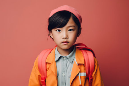 portrait of Asian girl with backpack is ready to go to school for education. smart child learning concept. generative AIの素材