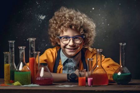 Schoolboy physicist experimenting with the reagents in the laboratory. chemical experiments. Generative AIの素材