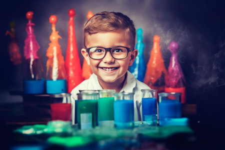 Schoolboy physicist experimenting with the reagents in the laboratory. chemical experiments. Generative AIの素材