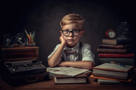 Portrait of a boy in glasses sitting at the table with books and typewriterの素材