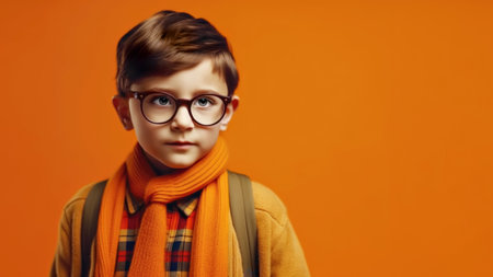 portrait of schoolboy with glasses and backpack is ready to go to school for education. smart child learning concept. generative AIの素材