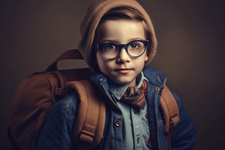 portrait of schoolboy with glasses with backpack is ready to go to school for education. smart child learning concept. generative AIの素材