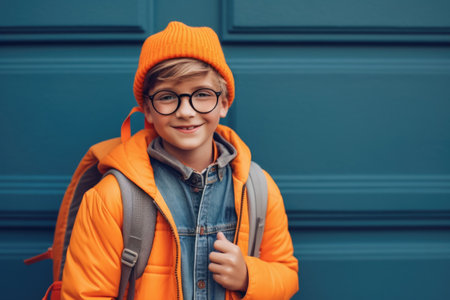 portrait of schoolboy with glasses with backpack is ready to go to school for education. smart child learning concept. generative AIの素材