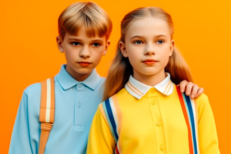 two positive friendly schoolkids in uniform isolated orange background. Generative AI.の素材