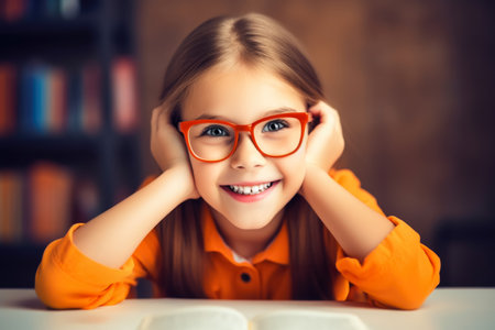 Portrait of cute schoolgirl in glasses sitting at a desk smiling. Generative AI.の写真素材