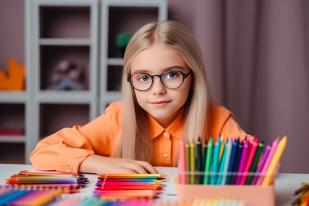 Cute european kid girl with colored pencil at the desk. school education concept. Generative AI.の素材