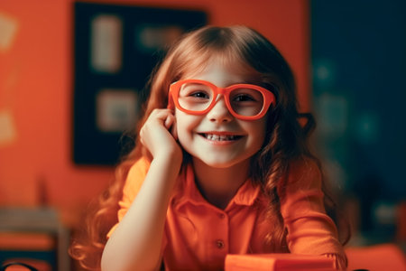 Portrait of cute schoolgirl in glasses sitting at a desk smiling. Generative AI.の写真素材
