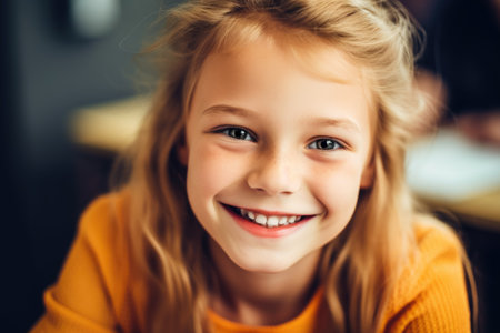 Portrait of cute schoolgirl sitting at a desk smiling. Generative AI.の写真素材