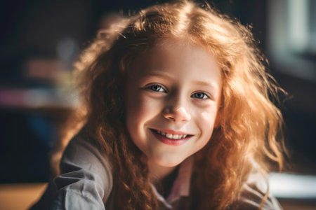 Portrait of cute schoolgirl sitting at a desk smiling. Generative AI.