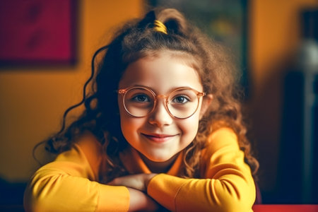 Portrait of cute schoolgirl in glasses sitting at a desk smiling. Generative AI.の写真素材