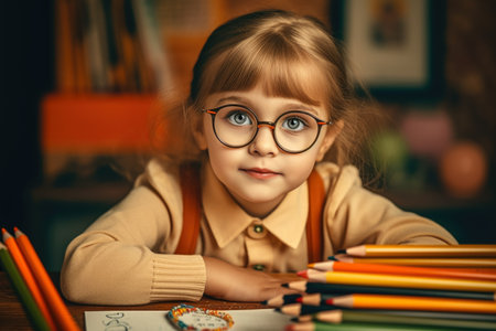 Cute european kid girl with colored pencil at the desk. school education concept. Generative AI.の素材