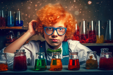 Schoolboy physicist experimenting with the reagents in the laboratory. chemical experiments. Generative AIの素材