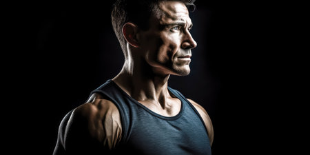 Portrait of adult Powerful muscular bodybuilder posing on black background. concept of strength and health. Generative AI.の素材