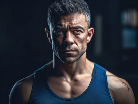 Portrait of adult Powerful muscular bodybuilder posing on black background. concept of strength and health. Generative AI.の素材