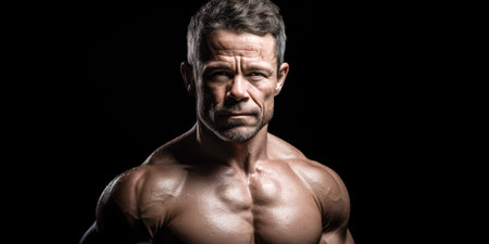 Portrait of adult Powerful muscular bodybuilder posing on black background. concept of strength and health. Generative AI.の素材