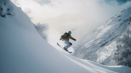 Winter skier and landscape of mountains. Generative AI.の素材