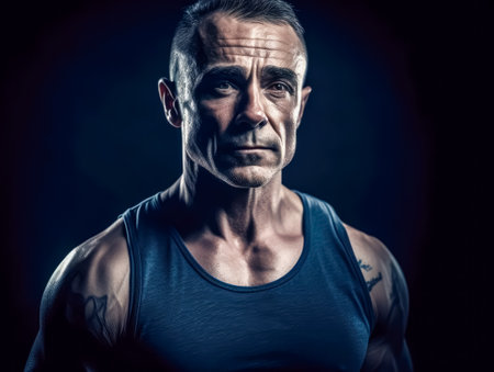 Portrait of adult Powerful muscular bodybuilder posing on black background. concept of strength and health. Generative AI.の素材