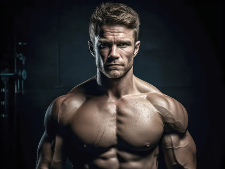 Portrait of adult Powerful muscular bodybuilder posing on black background. concept of strength and health. Generative AI.の素材