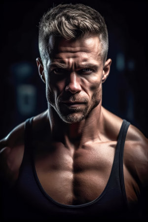 Portrait of adult Powerful muscular bodybuilder posing on black background. concept of strength and health. Generative AI.の素材