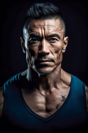 Portrait of adult Powerful muscular bodybuilder posing on black background. concept of strength and health. Generative AI.の素材