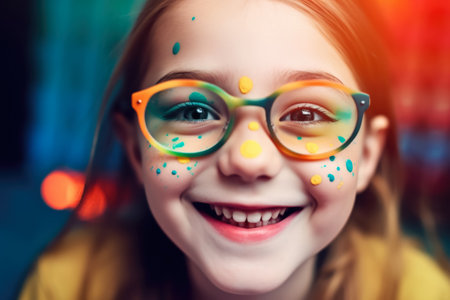 Portrait of happy smiling little girl in glasses with colorful paint on the skin. generative AI.の素材