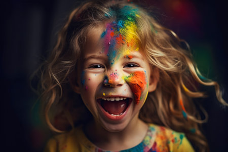 Portrait of happy smiling little girl with colorful paint on the skin. generative AI.の素材
