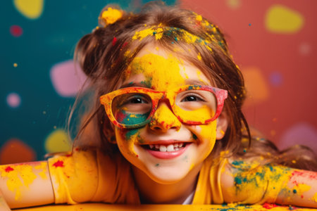 Portrait of happy smiling little girl in glasses with colorful paint on the skin. generative AI.の素材
