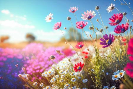 A beautiful flowery meadow in spring or summer. nature concept. Generative AI.の素材