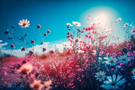 A beautiful flowery meadow in spring or summer. nature concept. Generative AI.の素材