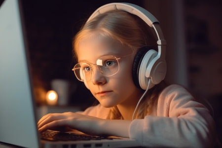 preteen schoolgirl in headphones doing her homework or studying with digital tablet at home. generative AIの素材