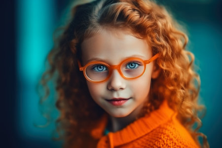 portrait of curly redheads adorable little smiling girl in eyeglasses. Playful Happiness Concept. generative AI.の素材