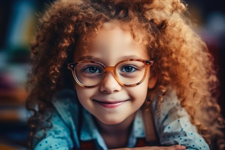 portrait of curly cheerful little girl in eyeglasses. generative AI.の素材