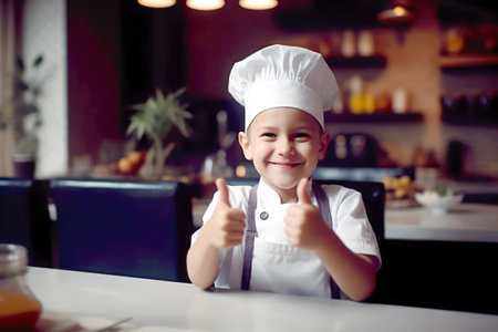cute little chef baker in an apron and hat chef gesturing thumbs up. generative AI.の素材