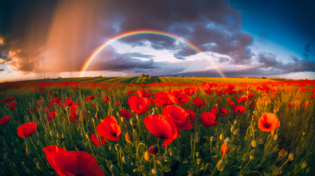 A rainbow on a field of poppies in the countryside, generative AI.の素材