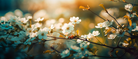 Beautiful little white blossoms of a bush in spring backlight with white glowing petals, a natural background and a lot of copy space for spring and summer feelings or natural products. AI generativeの素材