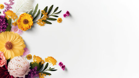 Frame of wildflowers on white. Chamomile flowers. copyspace. AI generatedの素材
