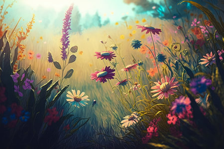 flower meadow in spring lanscape photography concept. AI generatedの素材