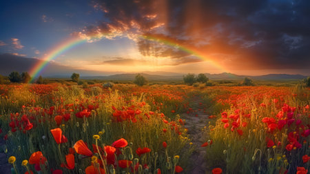 A rainbow on a field of poppies in the countryside, generative AI.の素材