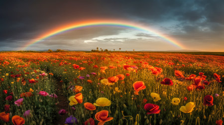 A rainbow on a field of poppies in the countryside, generative AI.の素材