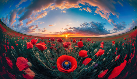 Field of poppies in the countryside, generative AI.の素材