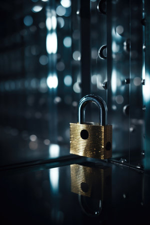 illustration of closed padlock on glowing background, cybersecurity. safety concept. generative AI.の素材