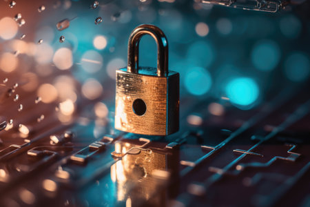 illustration of closed padlock on glowing background, cybersecurity. safety concept. generative AI.の素材