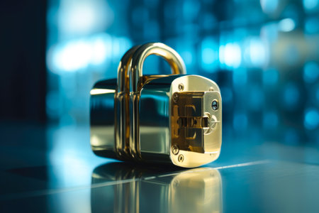 illustration of closed padlock on glowing background, cybersecurity. safety concept. generative AI.の素材