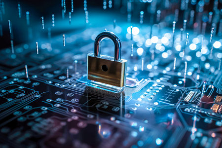 illustration of closed padlock on digital background, cyber security. safety concept. generative AI.の素材