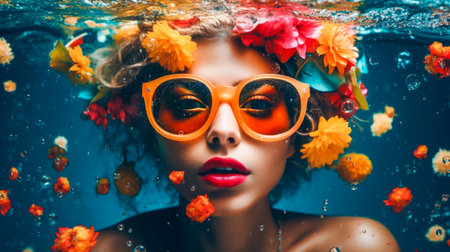 portrait of beauty girl swimming in the pool surrounded by petals of flowers. resort concept. generative AIの素材