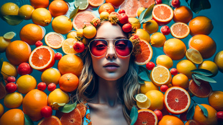 Beautiful Girl Floating On Water With Fresh Tropical Fruits. Resort, spa concept. Generative AI.の素材