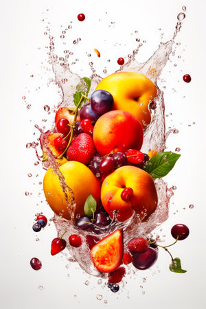 fruits and berries falling in water splash, isolated on white background. copyspace. generative AI.の素材