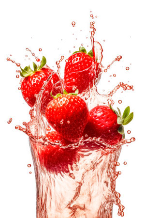 fresh strawberries dropped into water with splash on white backgrounds. generative AI.の素材
