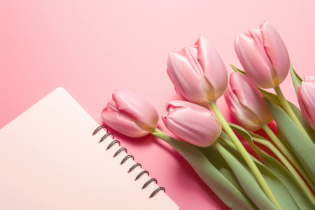Bouquet of pink tulips and empty notebook. Spring flowers lie on opened notepad. Ai generated.の素材
