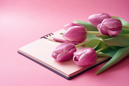 Bouquet of pink tulips and empty notebook. Spring flowers lie on opened notepad. Ai generated.の素材